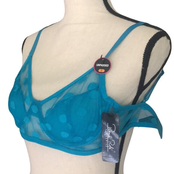 Women’s bra size small coquette girlhoodcore polka dot blue mesh pin up lingerie - Picture 2 of 10